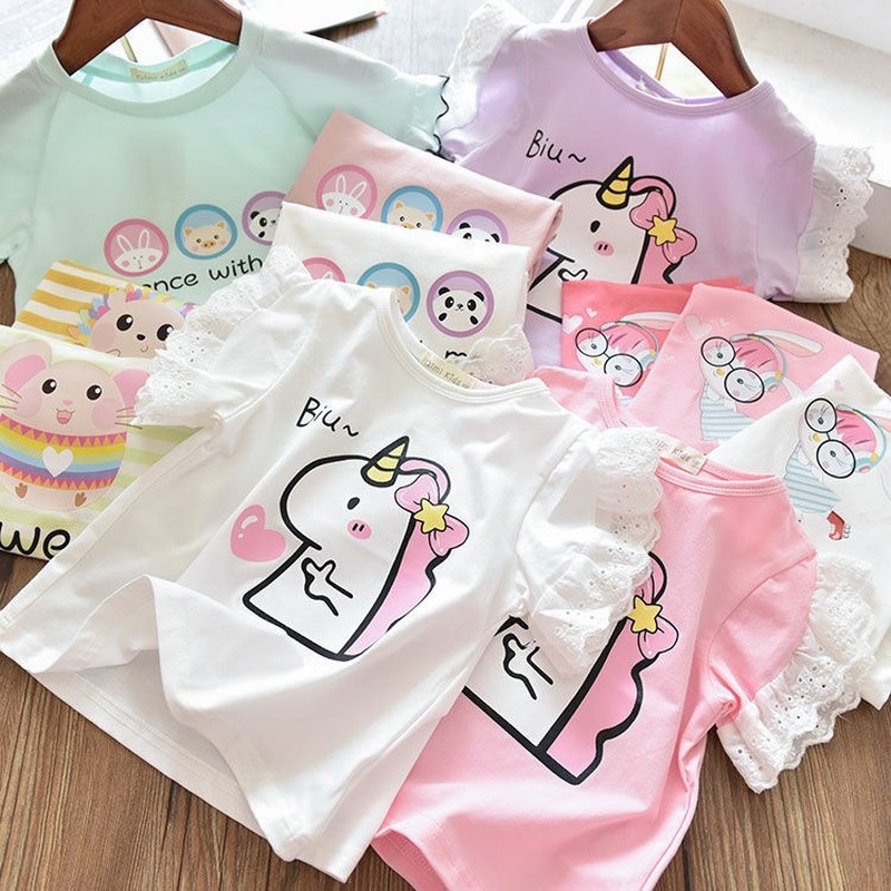 Áo Thun Cotton Tay Ngắn Phối Ren In Họa Tiết Hoạt Hình Thời Trang Mùa Hè Cho Bé Gái