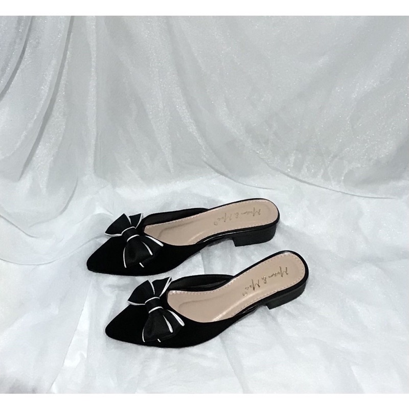 Guốc nơ nữ, dép sục mũi nhọn đính nơ gót 2 phân