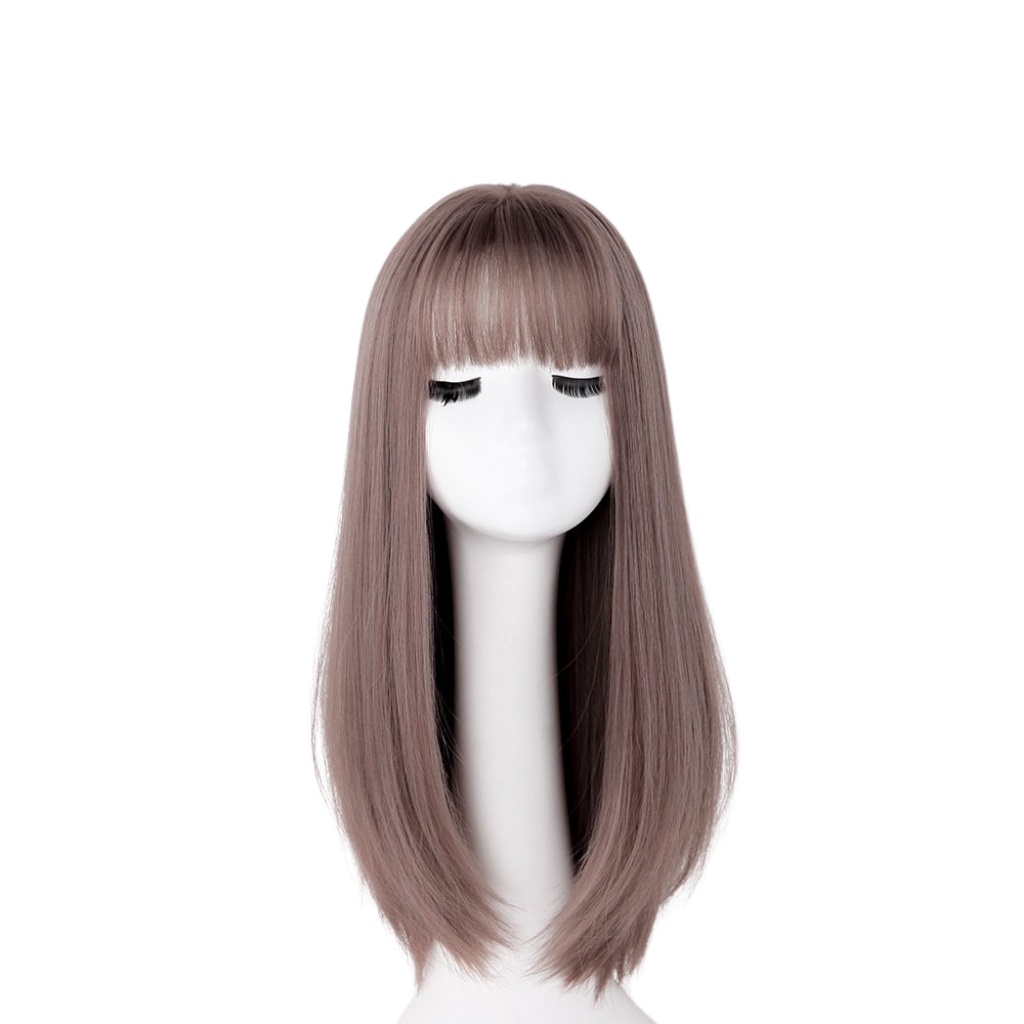 Tóc giả nguyên đầu thằng lỡ màu hồng khói 45cm, tặng wig