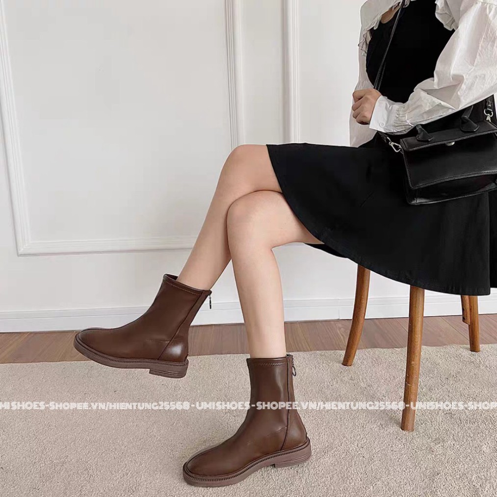 Giày Boots Ulzzang khóa kéo SNU05 cao cổ da PU cổ lửng đế độn đế to bự đơn giản đi chơi đẹp mẫu mới