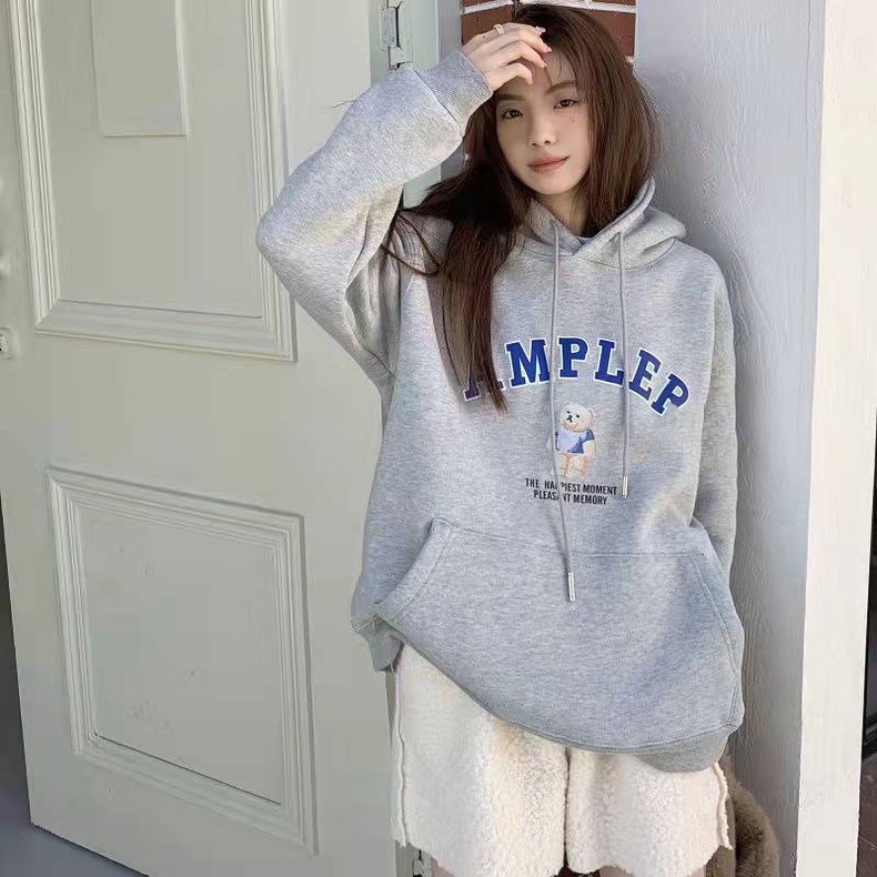 Áo hoodie ZHELIHANGFEI dáng rộng họa tiết chữ và gấu thời trang cá tính dành cho nữ