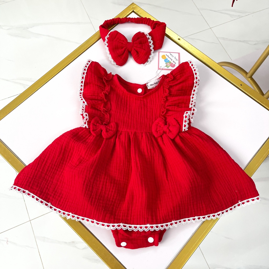 Đầm body trẻ em Nina Kids Boutique Body váy bé gái cánh tiên Màu đỏ phối ren Kèm turban nơ Size 0m 24m