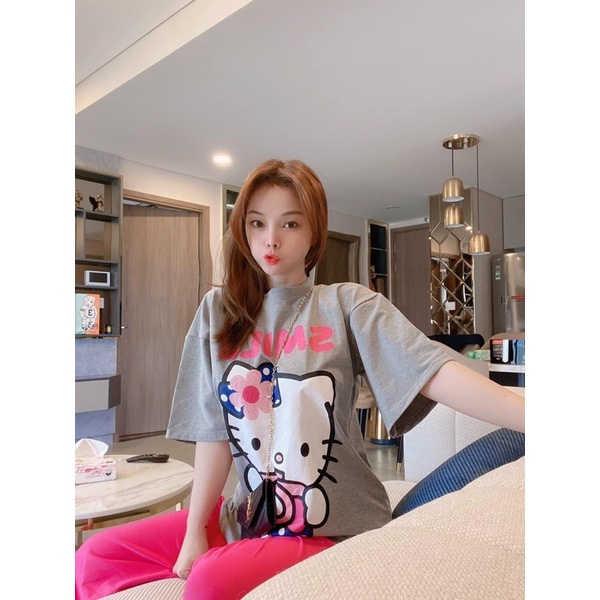 Set áo xám hello kitty quần suông gân Hồng