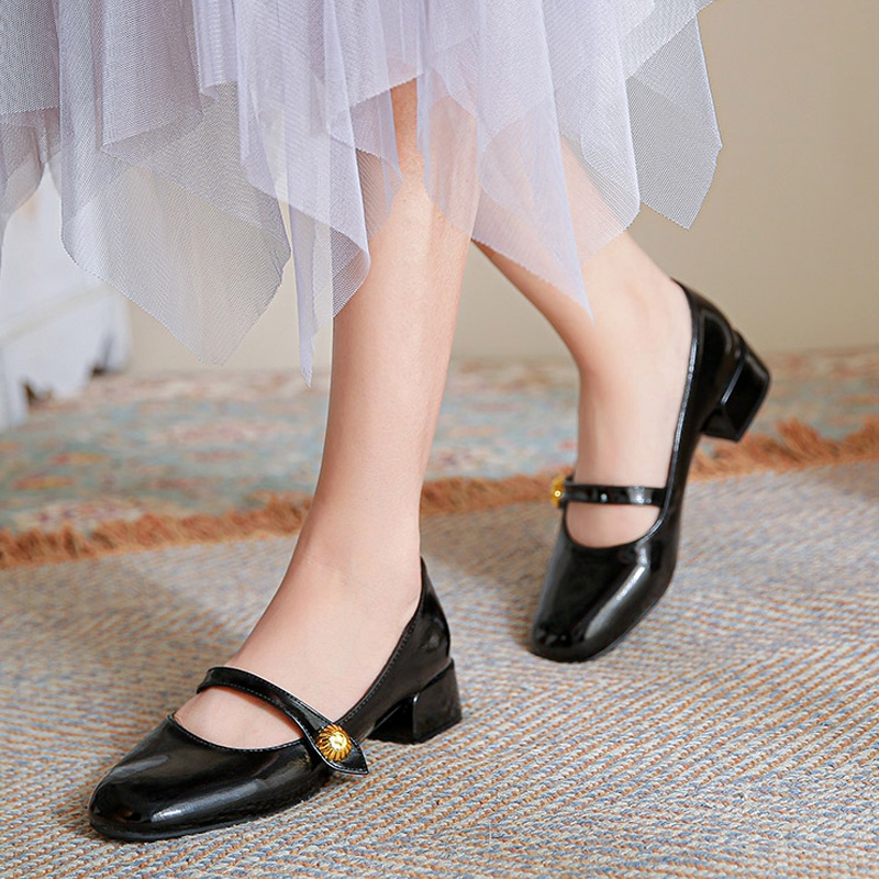 Giày Da Mũi Tròn Gót Dày Phong Cách Retro Pháp Dành Cho Nữ Size 35-42