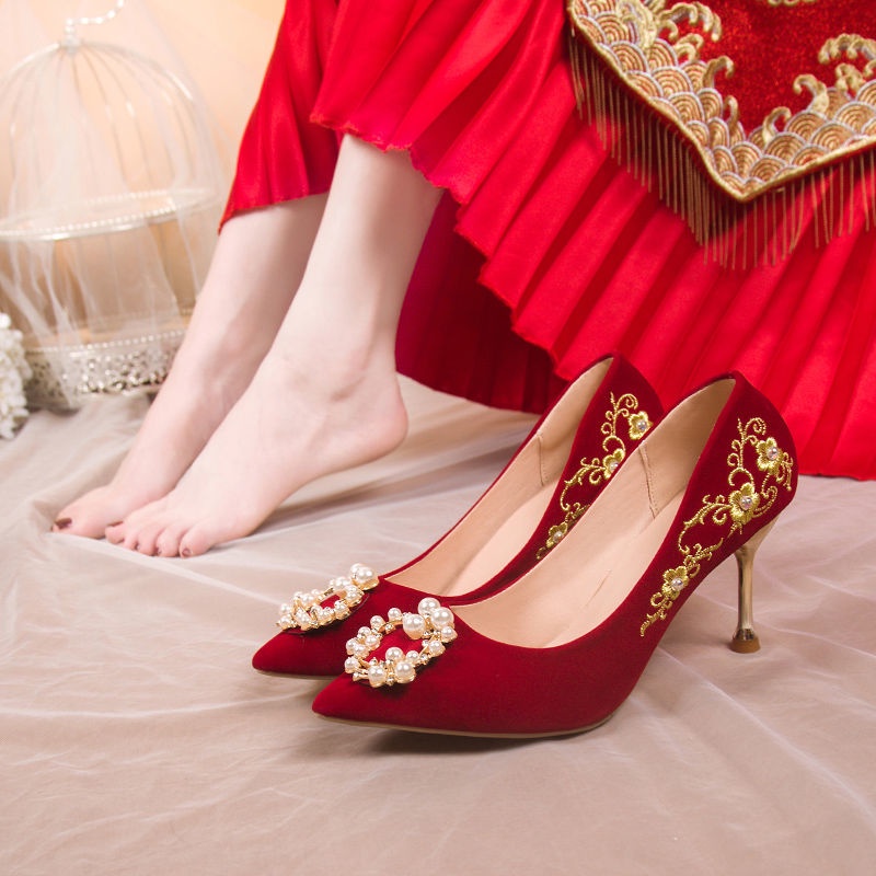 Giày Cao Gót Hai Dây 2022 Kiểu Dáng Mới Xuân Hè Phong Cách Trung Hoa Cho Cô Dâu Đám Cưới