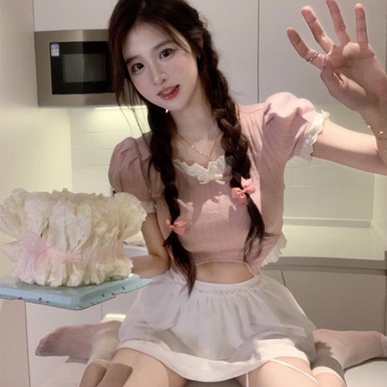 Áo kiểu croptop ZHELIHANGFEI tay ngắn phồng phối ren thời trang quyến rũ dành cho nữ