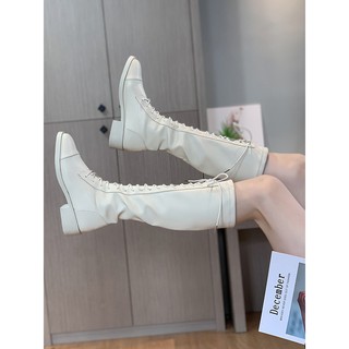 Boots cổ dưới gối gót 4p da pu cột dây mũi bo gót vuông