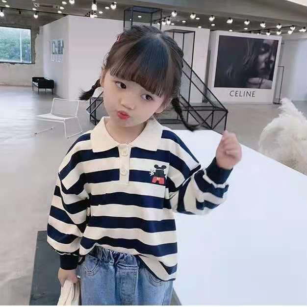 [Babycat] Hàng Có Sẵn Áo Thun polo Tay Dài Kẻ Sọc Phong Cách Nhật Bản Hàn Quốc Cho Bé Gái