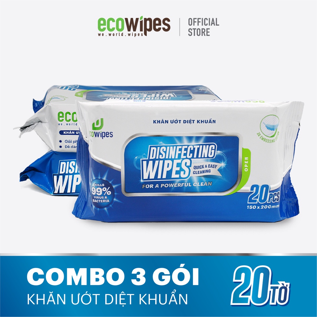 Combo 3 gói KHĂN ƯỚT DIỆT KHUẨN EcoWipes - Gói nhỏ tiện lợi 20 tờ/gói