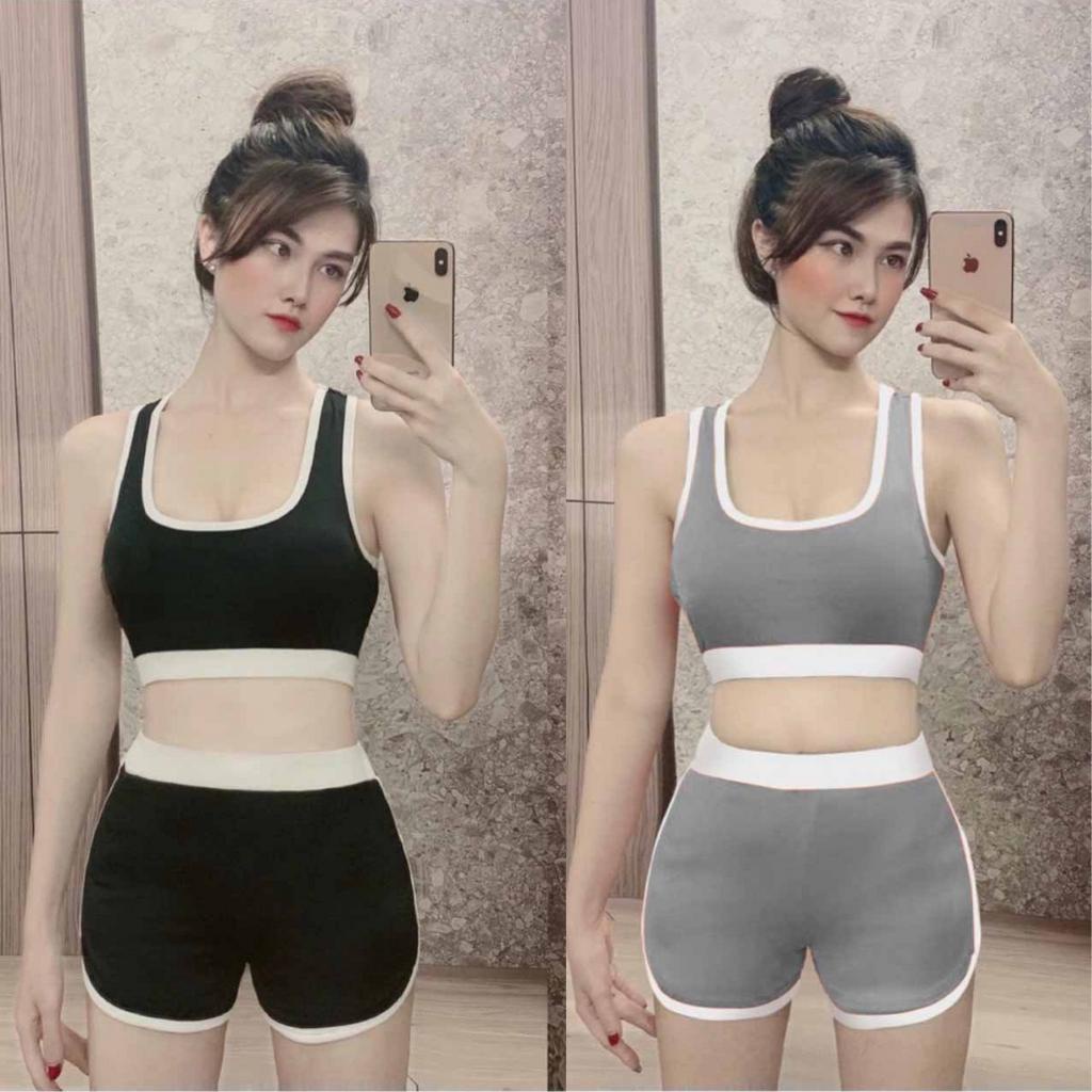 Đồ Tập Gym Nữ, Set Bộ Đùi Thể Thao Áo Bra Kèm Mút Quần Đùi 2 Phối Viền Hai Màu Đen Xám Yo