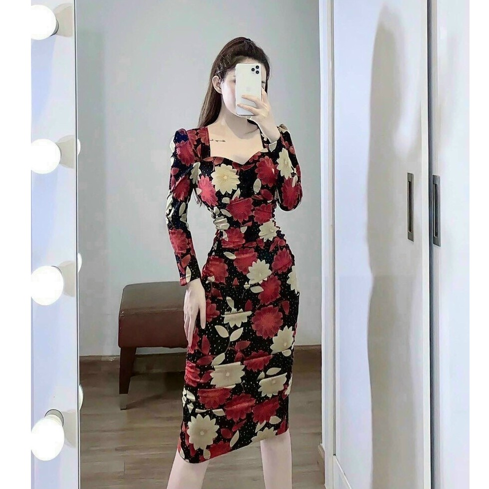 Đầm nữ ôm body tay dài in hoa (có mút ngực) dự tiệc cá tính sang trọng thời trang nữ Arava st75