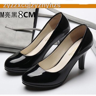 Giày Cao Gót Da Mềm Mũi Tròn Màu Đen