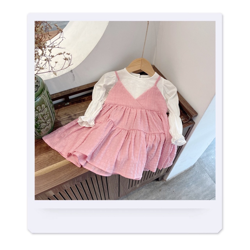 Váy thu dài tay giả yếm cho bé gái 1-5 tuổi