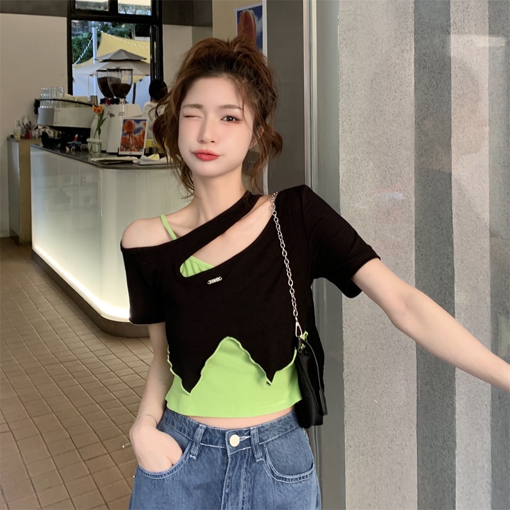 COZOK Set Áo Thun Lệch Vai Màu Sắc Tương Phản Phối Áo Sát Nách Cá Tính