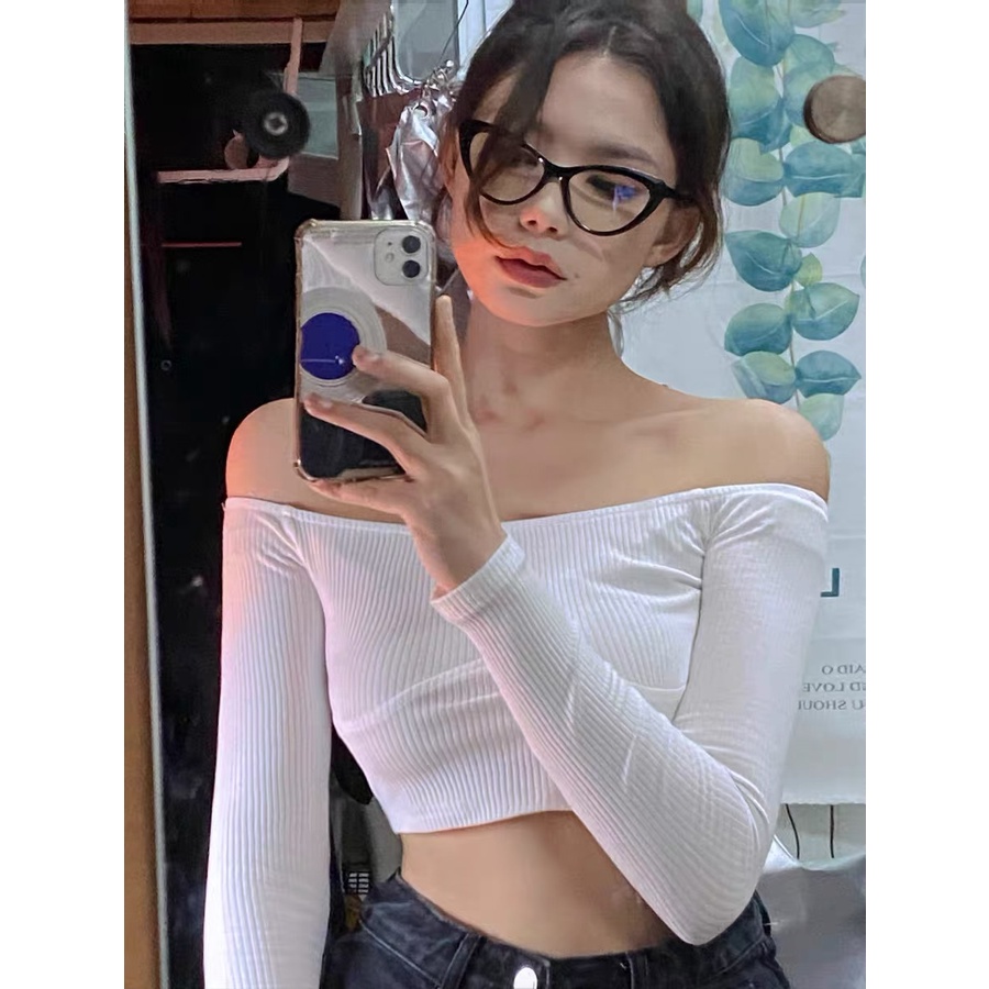 Áo Croptop Tay Dài Hở Vai Màu Sắc Trơn Thời Trang Dành Cho Nữ