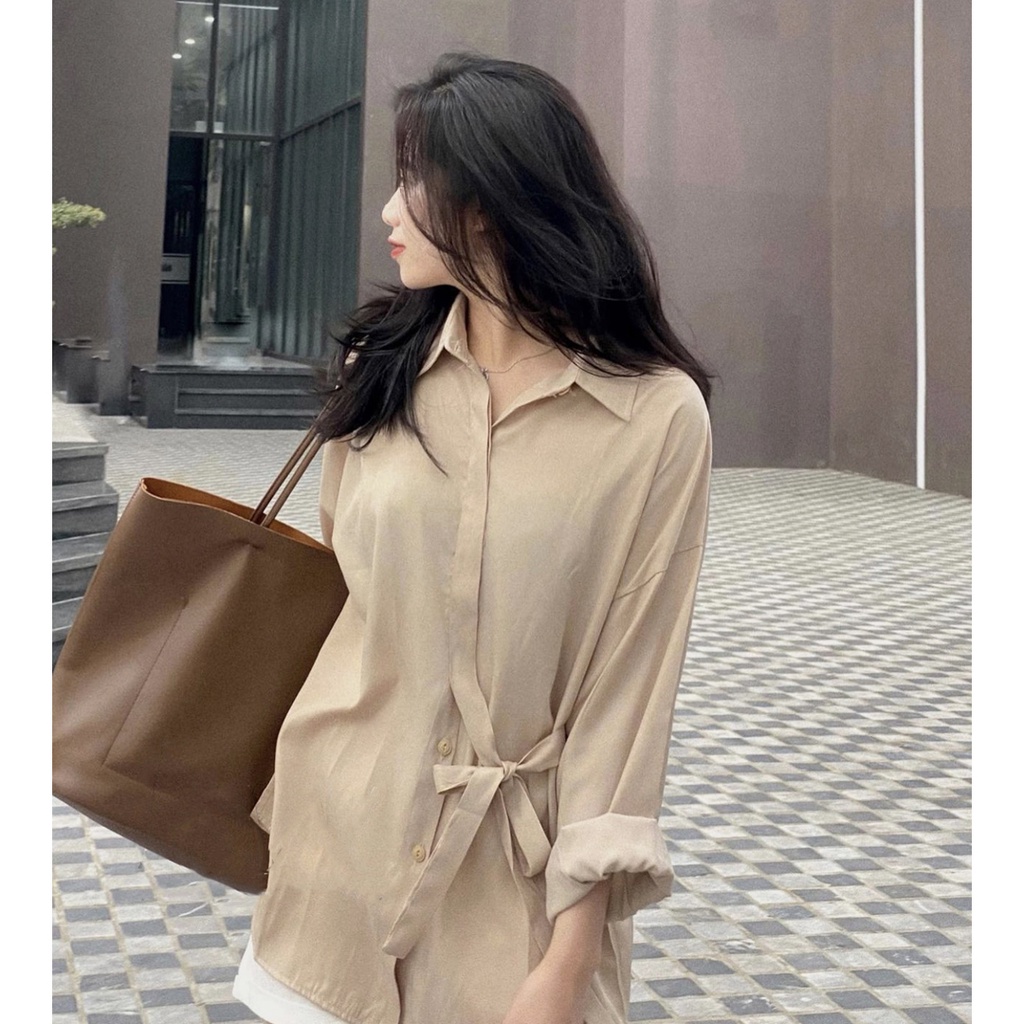 Áo sơ mi Hàn Quốc, Áo sơ mi trơn dáng rộng thắt nơ bên nhiều màu Ulzzang - Ảnh thật