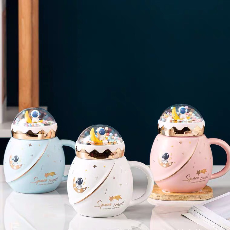 Cốc ly sứ Phi hành gia kèm nắp, thìa Star War dung tích 450ml kèm hộp túi làm quà tặng,cốc uông nước, cafe, trà-Ráp