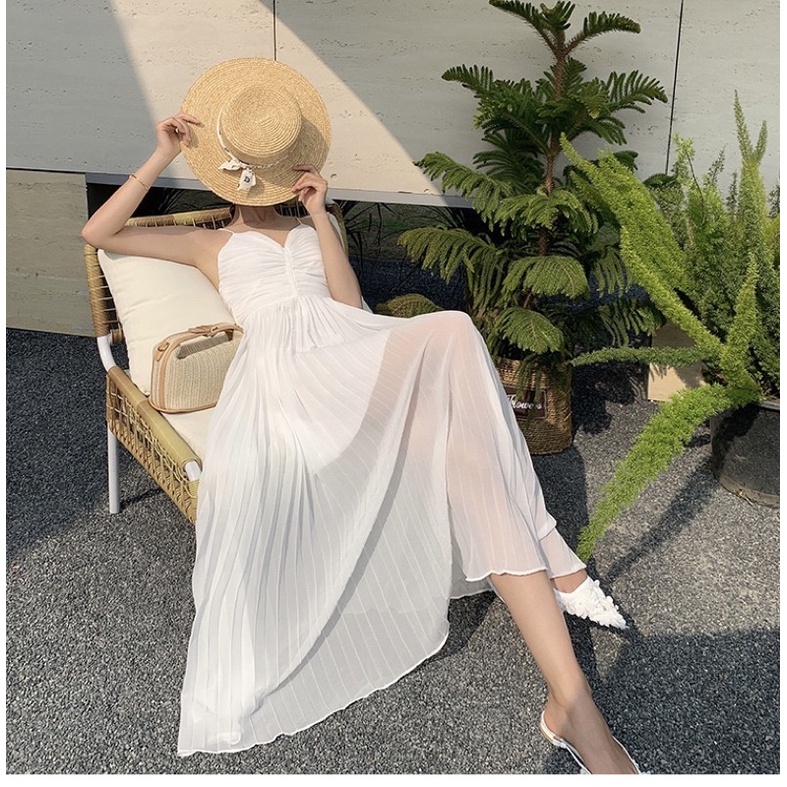 Yona’s Đầm đi biển hai dây xếp li trắng thắt dây eo tôn dáng  mã D17W
