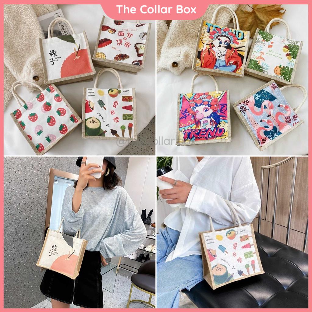 Túi cói mini quai xách du lịch đa năng in họa tiết xinh xắn có khóa kéo - Mã TC01