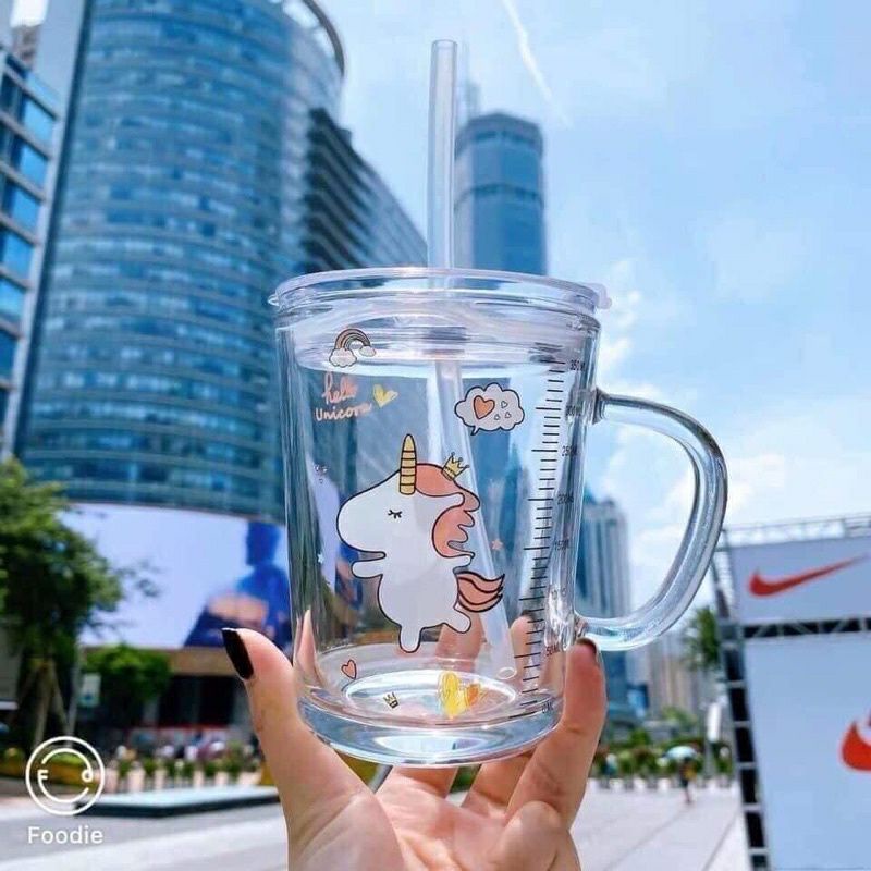 Cốc chia vạch thủy tình có nắp đậy, bình hút cho bé size 350ml