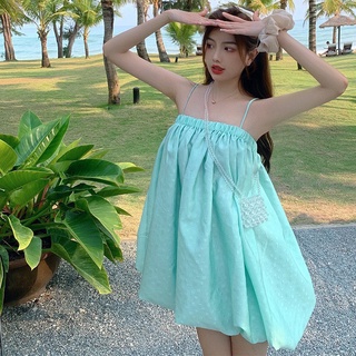 Đầm babydoll dáng bí màu Xanh ngọc, váy dây dễ thương
