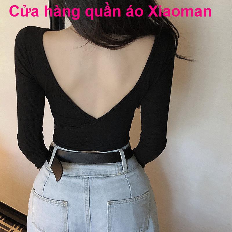 Mùa xuân và thu mới áo sơ mi hở lưng thấp eo gợi cảm dài tay thun nữ ngắn bó sát -fitting mỏng trên cùng t