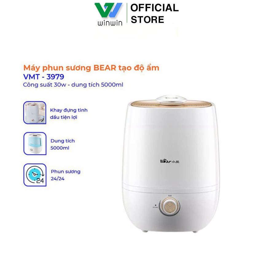 Máy phun sương Bear 5L nhập khẩu chính hãng, máy tạo ẩm phòng ngủ, cung cấp độ ẩm cho không khí_Vimart