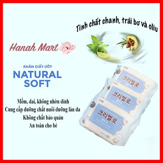 Hàng Hàn chất - Khăn giấy ướt bỏ túi 20 tờ, chiết xuất hữu cơ trái bơ,chanh, olive Natural Soft Portable