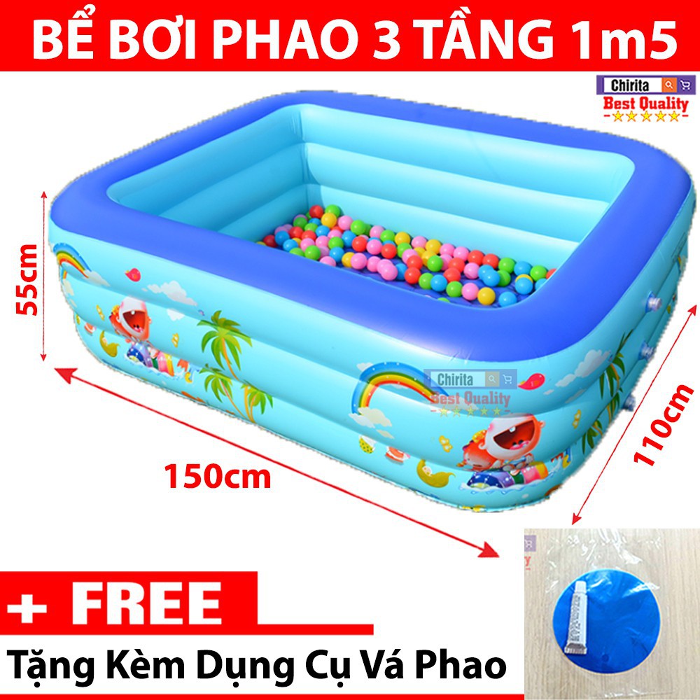 BỂ BƠI PHAO BƠI 3 TẦNG CHỮ NHẬT 1,5M KÈM KEO VÁ CHO BÉ - QHSHOP