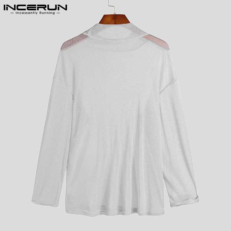 Áo thun INCERUN tay dài phối lưới xuyên thấu màu sắc đơn giản dành cho nam