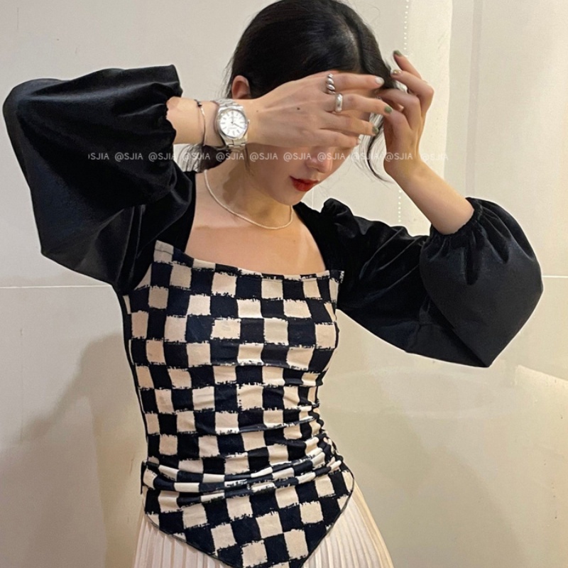 SUXI  Áo kiểu nữ vải nhung tay dài phồng cổ vuông họa tiết caro thời trang