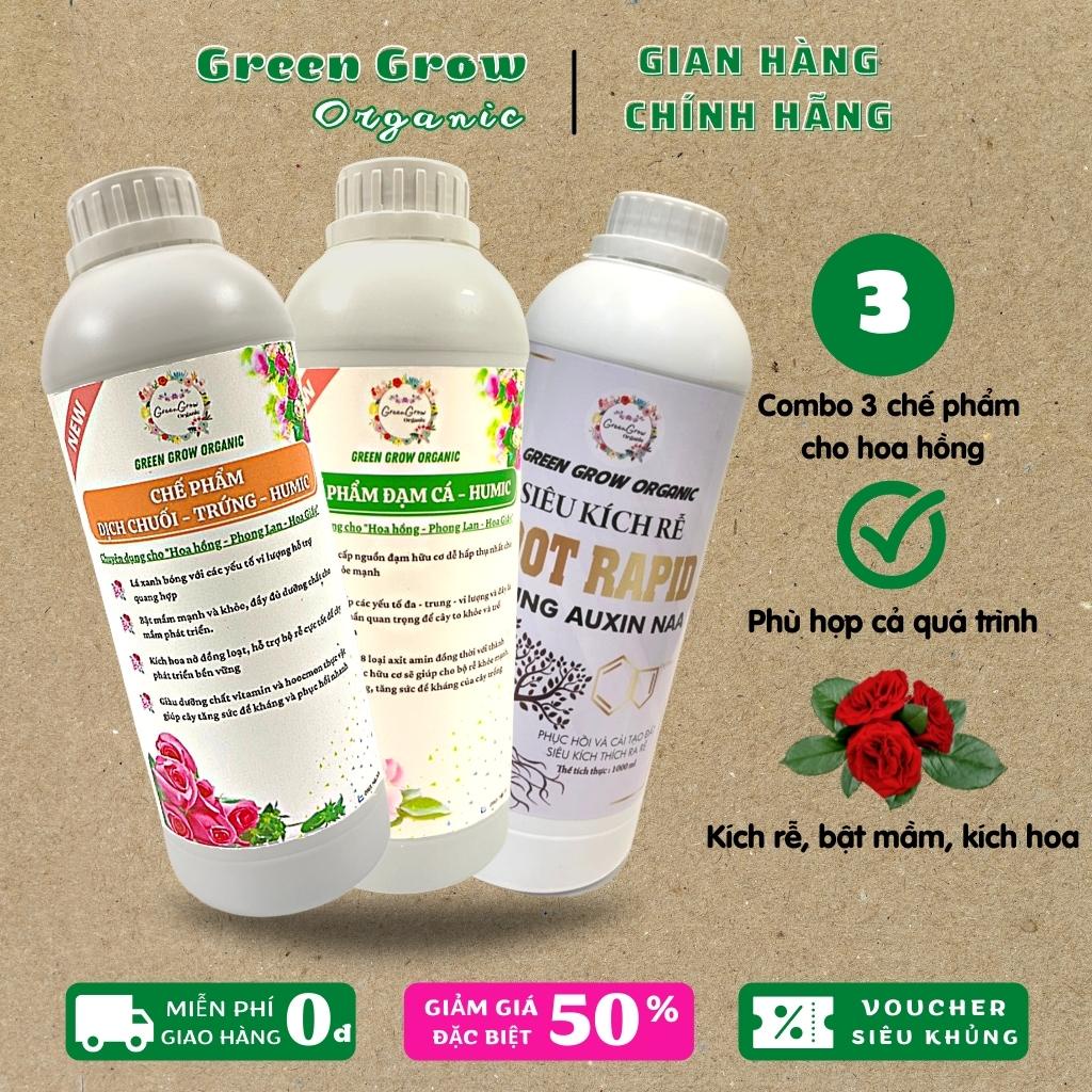 Combo phân đạm cá, dịch chuối trứng, siêu kích rễ Root Rapid Green Grow Organic mỗi chai 1 lít, phân bón hữu cơ vi sinh