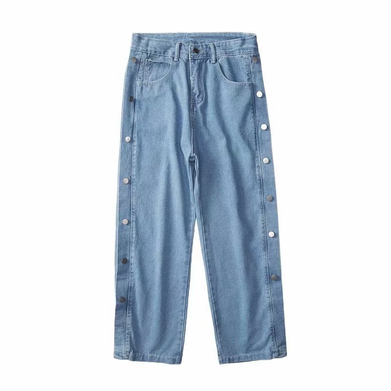 Fashionable denim jeans office pants straight-tubular foldable well-fitting denim washed denim