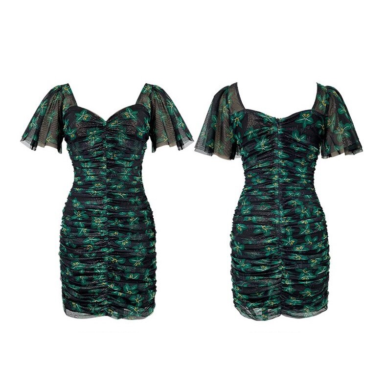 ZYHT  Đầm Hoa Dáng Ôm Màu Xanh Lá Phong Cách Hàn Quốc Thời Trang Đi Biển 10147