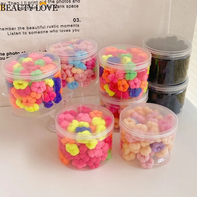 Set 100 Dây Buộc Tóc Cao Su Co Giãn Hình Bông Hoa Màu Kẹo Dễ Thương