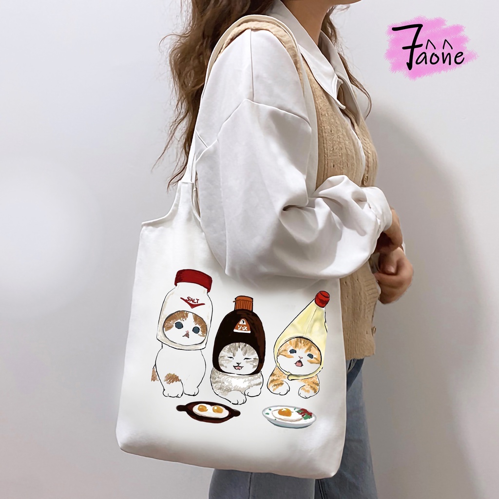 TÚI VẢI QUAI TRÒN MÈO MẬP TOTE ĐEO VAI CÓ TÚI CON VẢI CANVAS