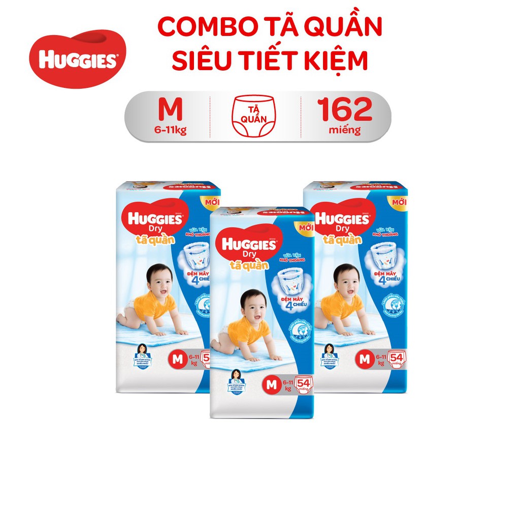 Combo 3 Tã Quần Huggies Siêu Tiết Kiệm M162/L144/XL126/XXL114:L48