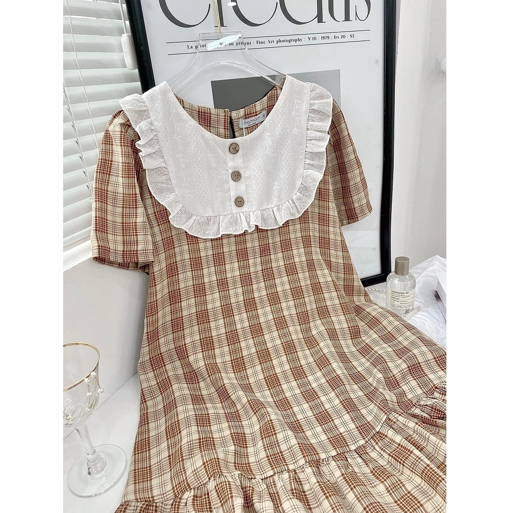 Váy bầu, đầm bầu thiết kế công sở, kẻ caro cực xinh, tông màu nâu pastel dịu mát - sang chảnh. Freesize dưới 70kg