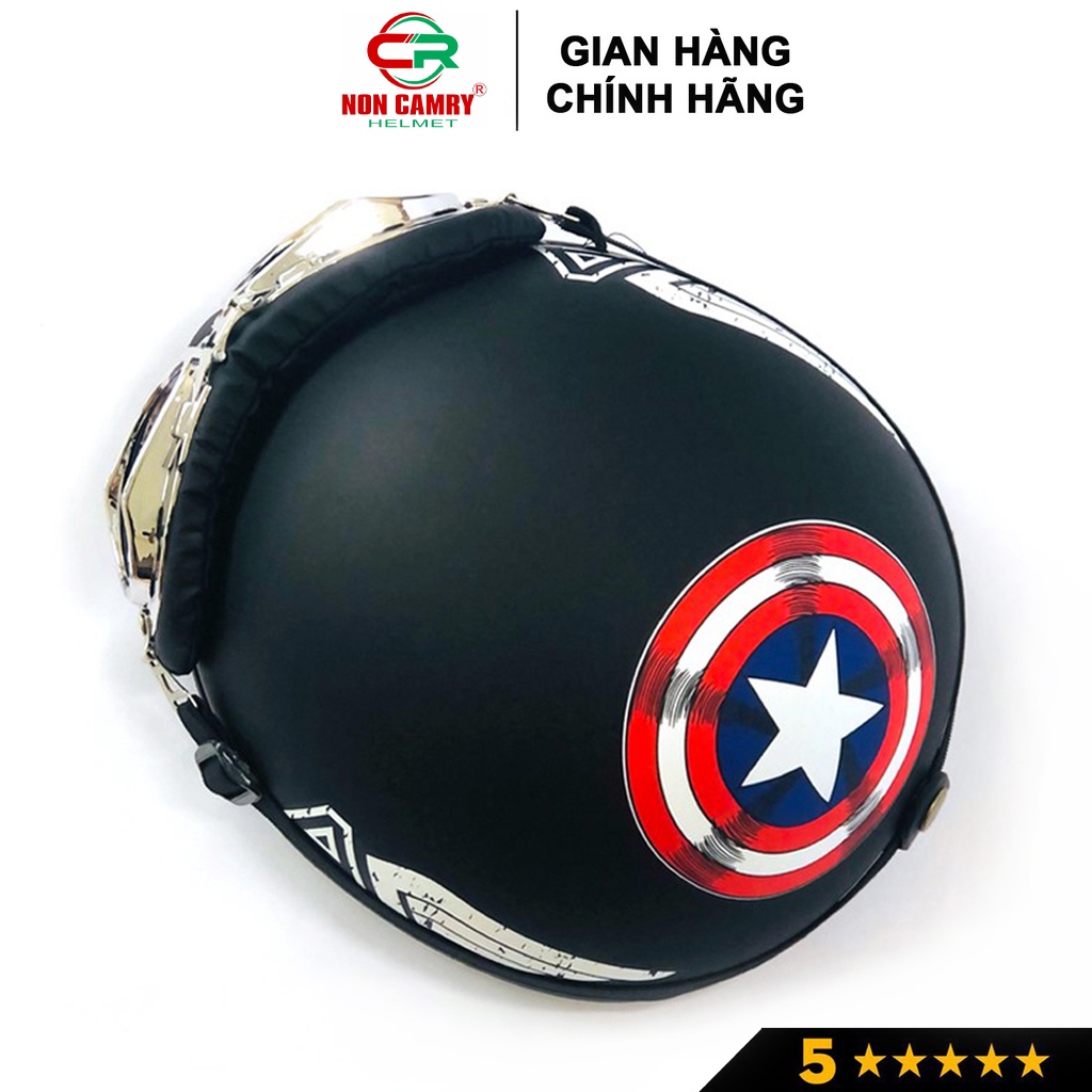 Mũ bảo hiểm nửa đầu thời trang NON CAMRY, họa tiết captain mạnh mẽ, kèm kính UV, phi công, Freesize (55-59cm)