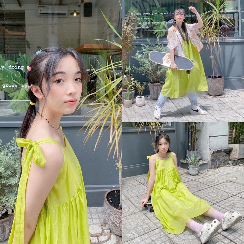 Unleashedvn GRETA AVOCADO SMOOTHIES DRESS - Đầm Greta màu xanh bơ 100% cotton, 2 dây vai thắt nơ, dáng babydoll dài