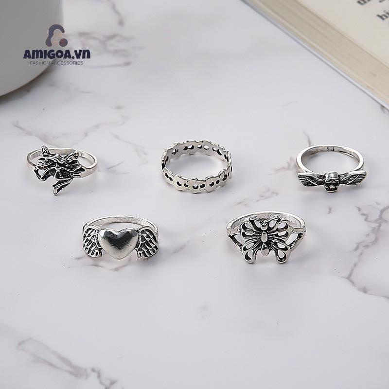 ✨✨Bộ 5 Nhẫn Hở Họa Tiết Cánh Bướm Phong Cách Vintage Sáng Tạo