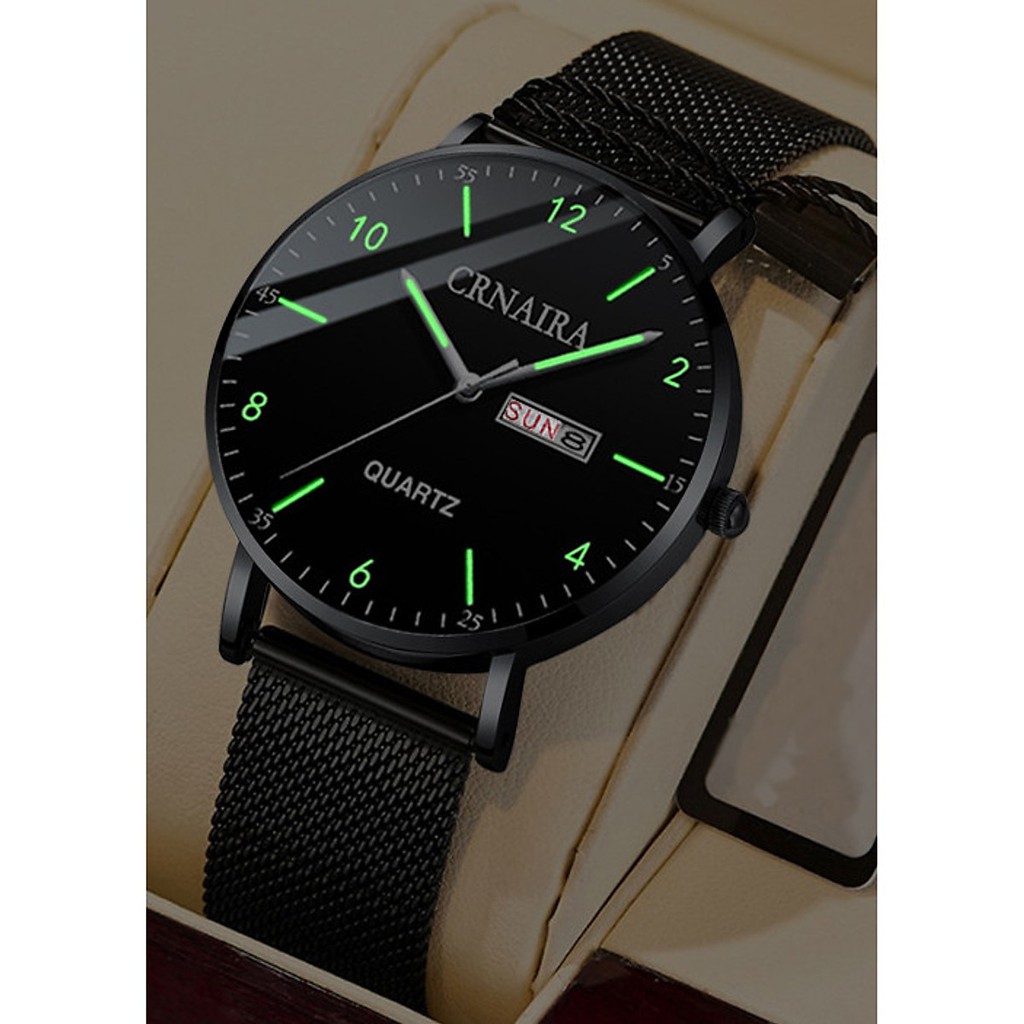 Đồng hồ nam 2 lịch Crnaira kim dạng quang dây thép mành cao cấp | BigBuy360 - bigbuy360.vn