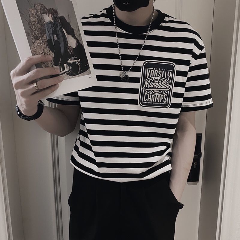 Áo Thun Nam Ngắn Tay Họa Tiết Sọc Ngang Thời Trang 2022