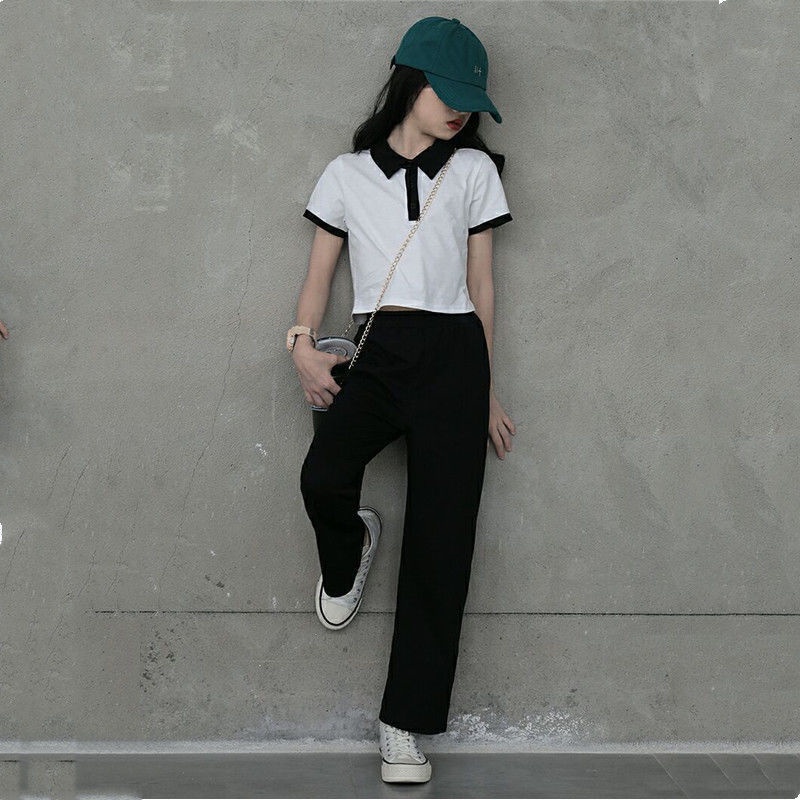 Set Áo Thun POLO + Quần Dài Ống Rộng Vải Lụa Mát Phong Cách Phương Tây Cho Bé Gái