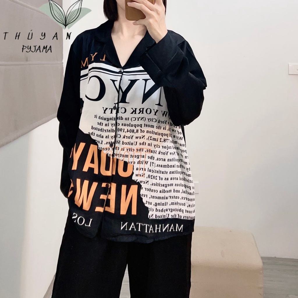 Bộ Pyjama bigsize N.Y.C màu trắng tay dài mặc nhà giá rẻ chất lụa Mango ko nhăn dành cho nữ, mẹ bầu 60 -90kg