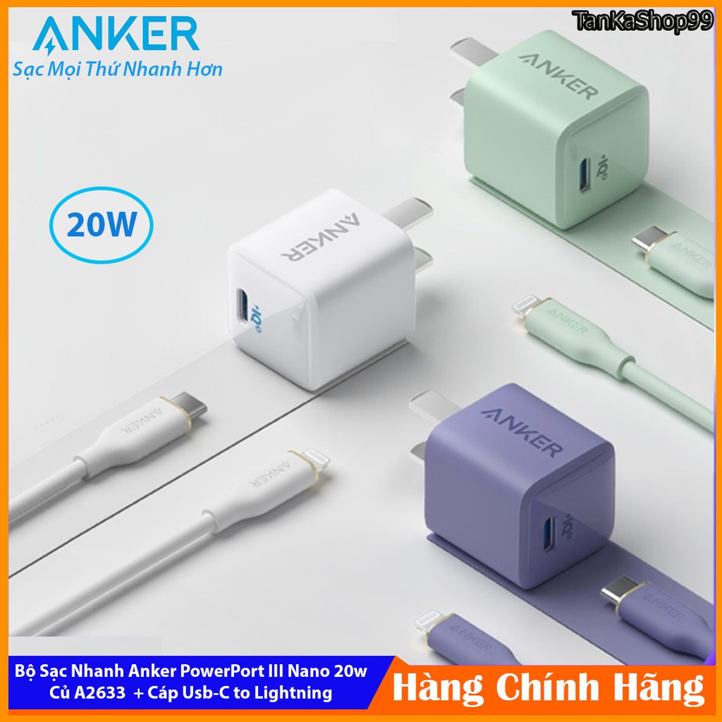 [Mã 1010ELSALE hoàn 7% đơn 300K] Combo Sạc Nhanh Anker PowerPort III Nano A2633 20w + Cáp Usb-C to Lightning 0,9m