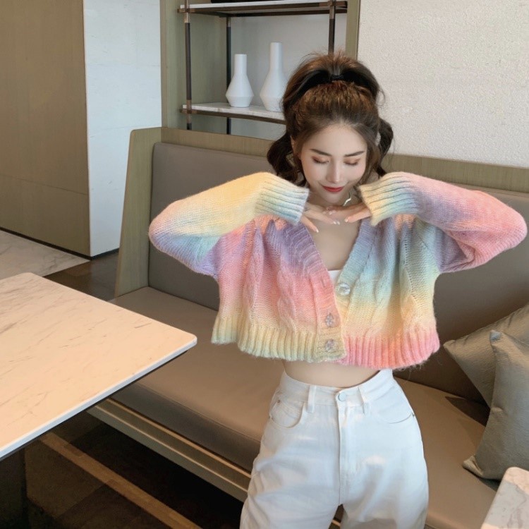Áo khoác cardigan cổ chữ V dáng rộng màu cầu vồng thời trang Hàn Quốc | BigBuy360 - bigbuy360.vn