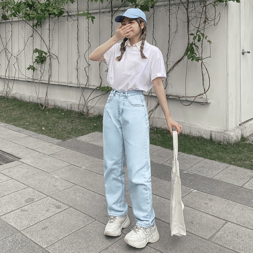 Quần Baggy Trơn Ống Suông Đứng - Chất Vải Jeans Cao Cấp Mềm Mịn - Unisex Nam Nữ Hot Trend Dễ Phối Đồ - Màu Xanh Nhạt 3