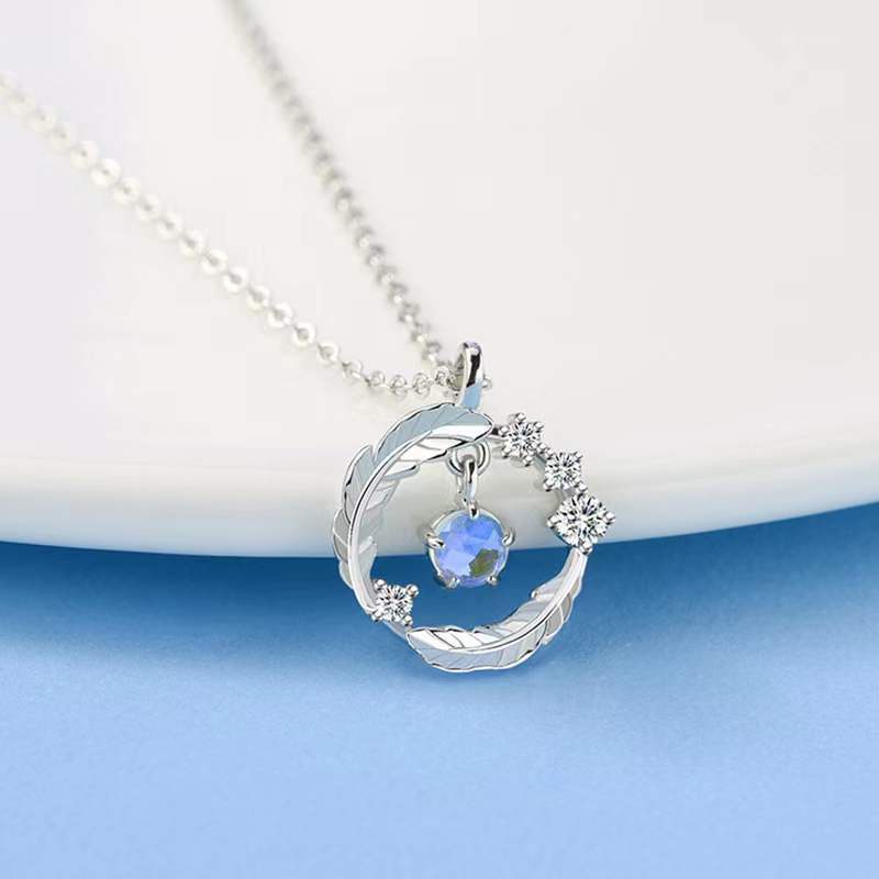 Vòng cổ Mạ Bạc 925 Mặt Hình Lông Vũ Đính Đá / Mặt Trăng Nhiều Màu Sang Trọng Cho Nữ