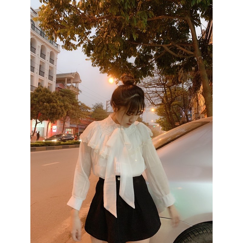 ÁO SƠ MI TƠ VAI CHUN VIỀN BÈO THẮT NƠ | BigBuy360 - bigbuy360.vn